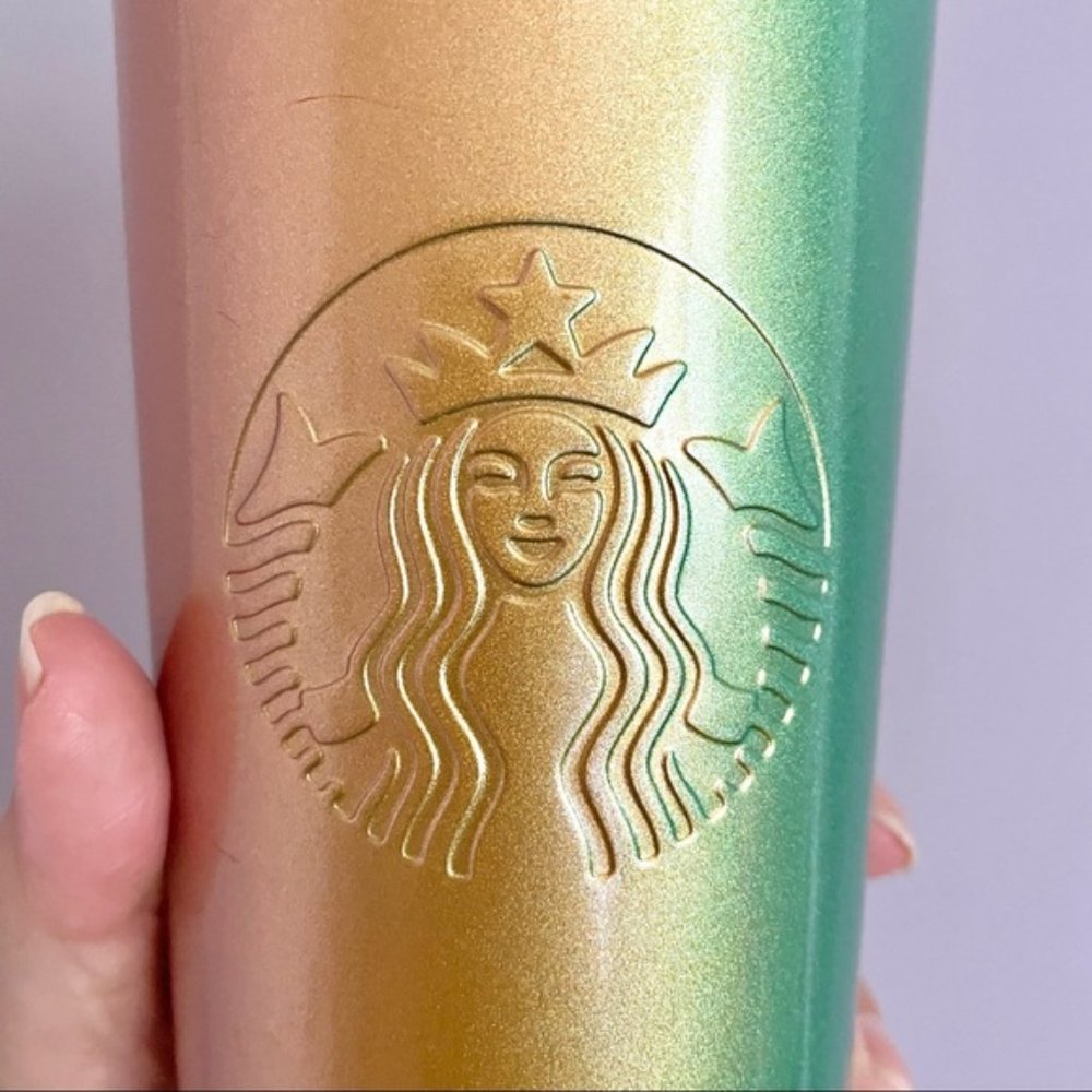Starbucks Pink Gold Green Metallic Ombre Stainless Steel Cold Drink Tumbler 16oz - Picture 2 of 5